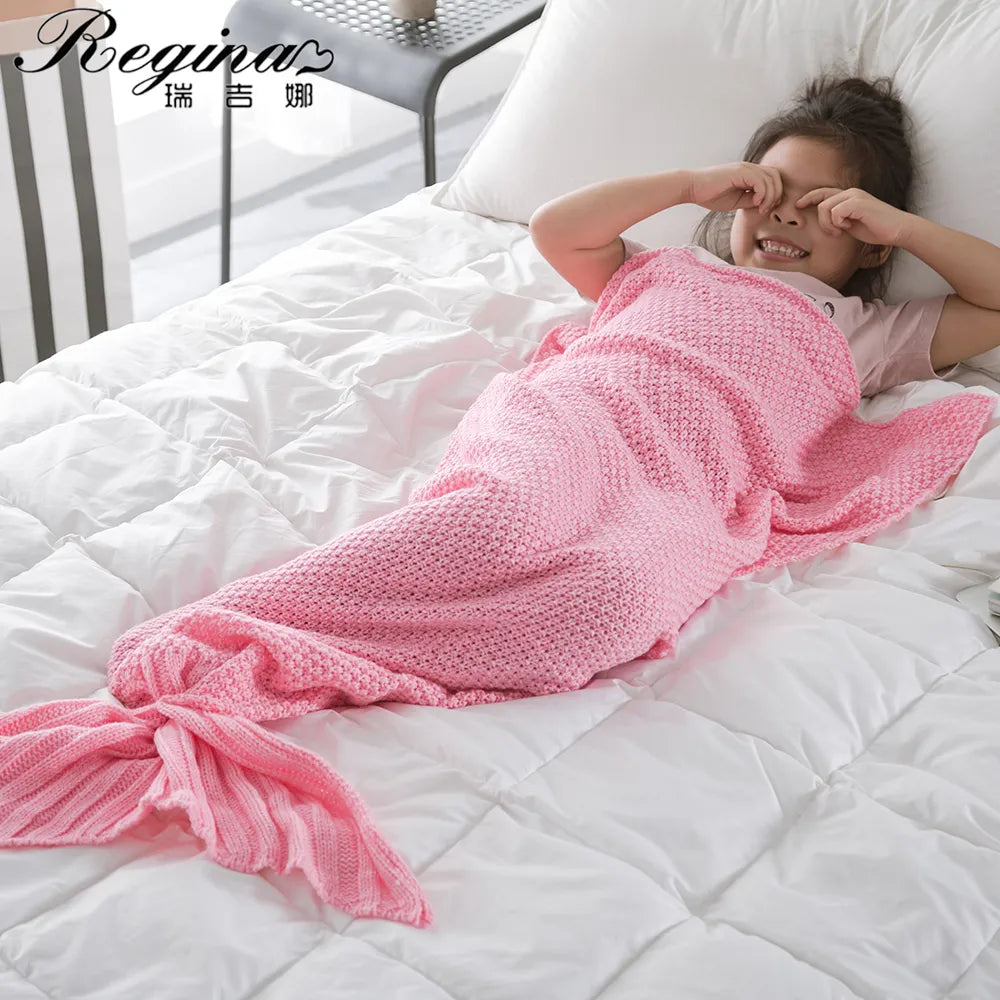 REGINA Kid Crochet Mermaid Tail Blanket Super Soft Knitted Children Mermaid Blanket for Sofa or Bed